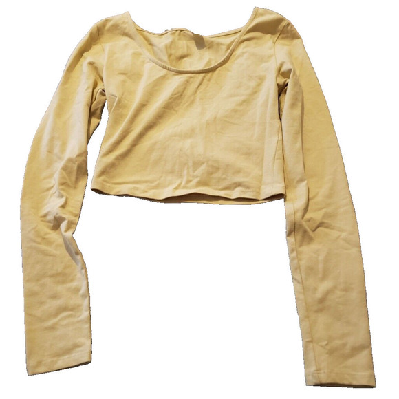 BP Crop Top XS Beige Tan Stretch Scoop Neck Long Sleeve Top - Picture 3 of 5